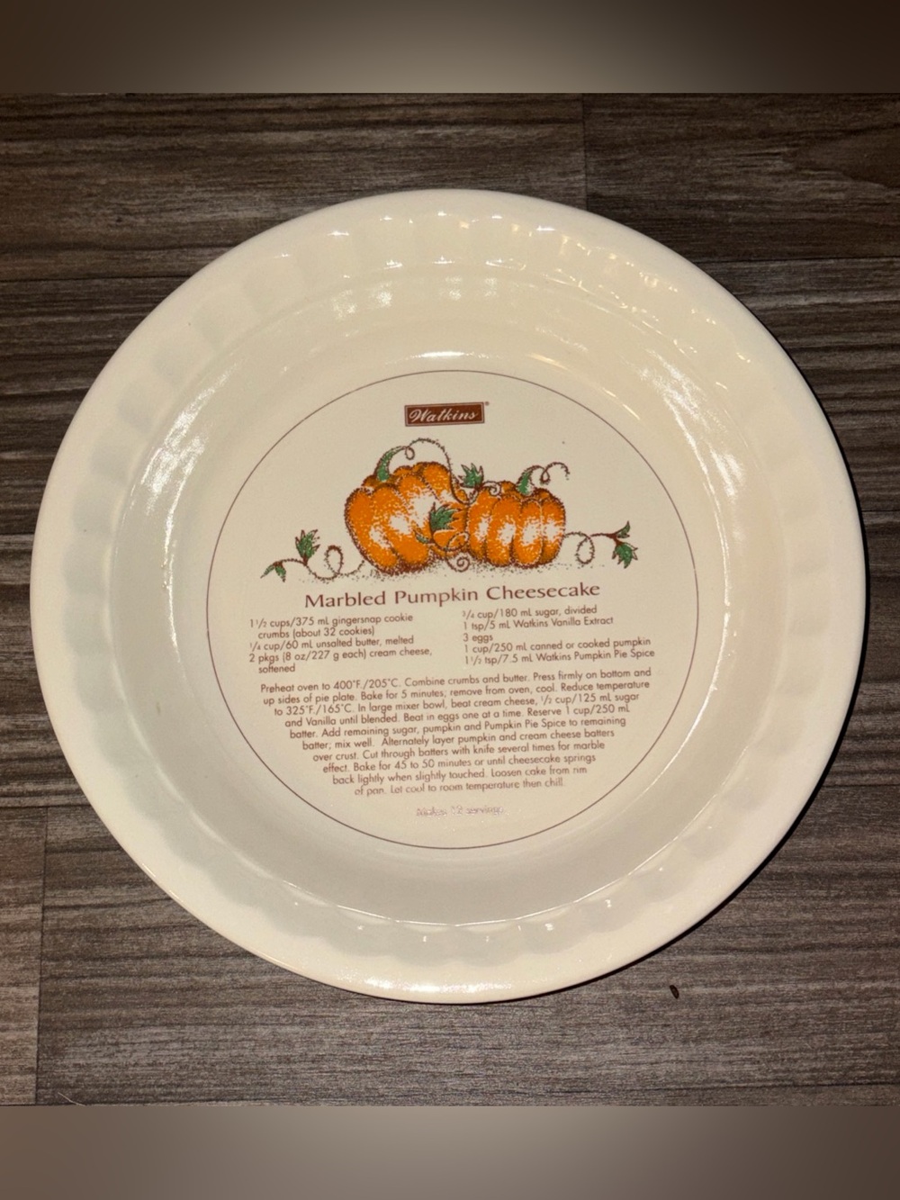 Vintage Watkins Marbled Pumpkin Cheesecake recipe pie plate from 1997